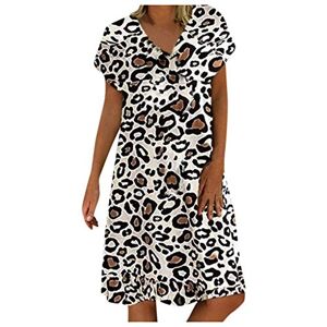 Janly Clearance Sale Womens Casual Dress, Women Casual Boho Leopard Print Dress V Neck Short Sleeve Loose Vacation Dress for Holiday