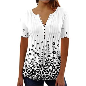 Yolimok Summer Henley T-Shirts Tops for Women UK Elegant Vintage Floral Printed Tunic Tops V Neck Flowy Flare Buttons Up Blouse Swing Blouses Longine Shirts Casual Baggy Pullover Plus Size 8-18