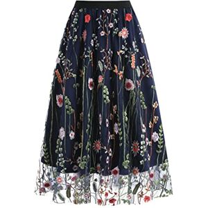 Wellwits Women's Forest Theme Floral Mesh Formal Wear to Work Midi A Line Skirt Navy S