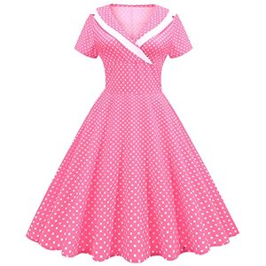 IWEMEK Women 1950s Vintage Retro Rockabilly Dress Lapel V-Neck Slim A-line 50s 60s Pinup Audrey Hepburn Style Polka Dot Swing Dresses Summer Casual Pageant Party Cocktail Evening Gown Pink S