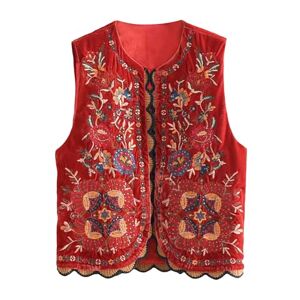 DELIMALI Women Sleeveless Cardigan Vest Waistcoat Beaded Embroidery Colorful Floral Open Front Jacket Boho Crop Top (C-Red, S)