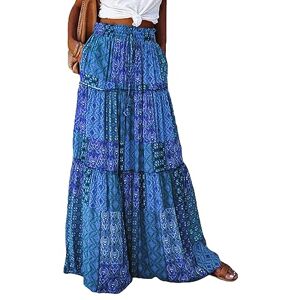 Qkiome Women Maxi Skirt High Waist A-line Skirt Summer Long Skirt Large Hem Floral Print Elastic for Beaches Club Streetwear (Dark Blue, XL)