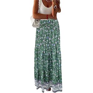 Femereina Women Bohemian Floral Skirt Summer Elastic High Waist Skirt Boho Floral Wrap Pleated Swing A Line Beach Long Skirt (Green, M)