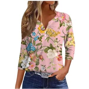 Generic Summer Women's V Neck 3/4 Sleeve Tops Floral Print Loose Tees Comfortable Button Womens Tshirts Casual Office Work Shirts for Running,Beach,Indoor&Outdoor Pink