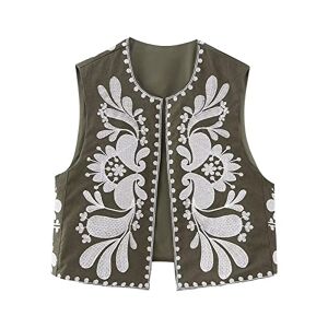 DELIMALI Women Sleeveless Cardigan Vest Waistcoat Beaded Embroidery Colorful Floral Open Front Jacket Boho Crop Top (A-Army Green, L)