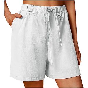 Spring Sale AMhomely Linen Shorts with Pockets for Women Summer Elastic Waist Drawstring Shorts Casual Beach Hotpants Fitness Yoga Shorts Loose Fit Pants UK, 01 White, XXL