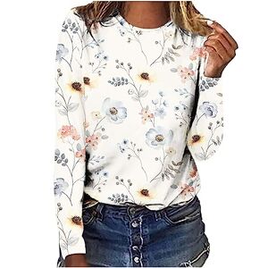 Rlehjn Women's Long Sleeve Tops UK Sale Clearance Cotton Shirts Tunic Tops Casual Wear Lightweight Pullover Ladies Autumn Comfy Shirts Classic Round Neck Blouse Floral Printed Elegant Blouse Beige