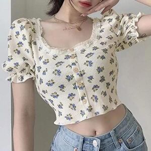 KTTGYRE Crop Cami Top Sweet Flower Print Crop Tops Women Summer Button Puff Sleeve T Shirt Woman High Street Slim Fit Short Tees Female-A,S