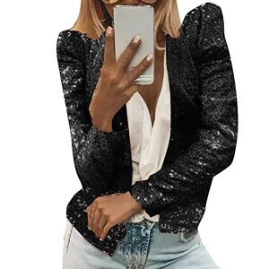 Sequin Jacket for Women UK Solid Color Long Sleeve Open Front Cardigan Fitted Long Sleeve Jacket Casual Party Suit Lightweight Goth Wedding Tops Concert Outfit (C1-Black, XXXL)