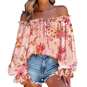 Generic Women Summer Off Shoulder Shirt Floral Print Casual Long Sleeve Off Shoulder V Neck Tops Retro Ethnic Style Loose Blouse Features: Plus Size Tops for Women Tunic Tee Shirts for Women UK Pink