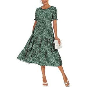 YUNDAI Women's Summer Casual Maxi Boho Dress Floral Print Ruffle Puff Sleeve High Waist Modest Long Dresses, Large Polka Dot Green