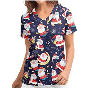 BSJJ Christmas Scrubs Uniforms for Women, Short Sleeve V-Neck Shirts Working Uniform Christmas Scrub Tops Cute Cartoon Print Graphic T-Shirt Tunic Blouse Loose with Pockets, 006-dark Blue, XXL