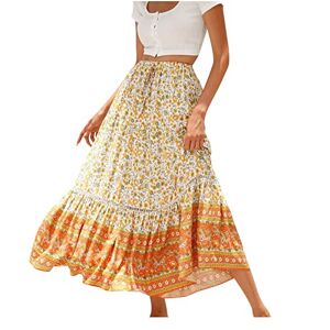 Women Skirt 2023 Summer Spring Boho Long Skirts Dress Tribal Print Tie Elastic Waist Pleated A-Line Beach Maxi Skirt Summer Skirt for Women UK Orange