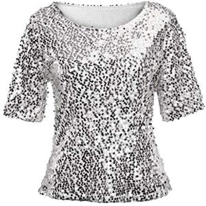 Clearance!Hot Sale!Cheap! Women's Sparkle Sequin Party Blouse Tops Shimmer Glitter Half Sleeve Dressy Tops Ladies Elegant Blouses Shirts Round Neck Summer Tops UK Clearance