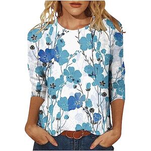 Amhomley Women Long Sleeve Tunic Shirts AMhomely Tops for Women UK Plus Size Elegant 3/4 Sleeve Round Neck Tops Blouses Lighweight Streetwear Floral Print Loose Fit Comfy T Shirts Fitness Golf Shirt 235 Sky Blue S