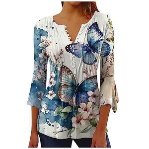 Warehouse Clearance Bargains Sale Uk Womens Clothes Sale Clearance Black Friday & Cyber Monday Deals Overstock Sale Womens Tops Sale Clearacne 3/4 Sleeve V Neck Button Down Tunic Shirts Vintage Floral Printed Pleated Blouse Ladies Plus Size Casual Dressy 