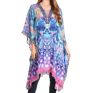 Sakkas P2 - Kristy Long Tall Lightweight Caftan Dress/Cover Up with V-Neck Jewels - 17128-TurqPink - OS