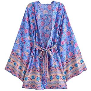 Disimlarl Women Boho Style Midi Robe Rayon Cotton Print Beach Cover Up Summer Kimono S