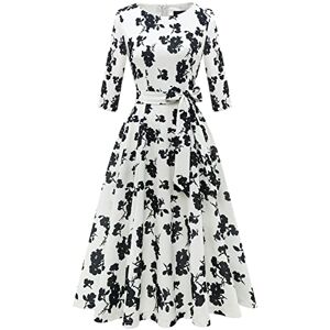 Vintage Tea Dress for Women, 50s Floral Cocktail Party Dresses, Modest Bridesmaid Dress for Wedding Guest, 3/4 Sleeves Formal Aline Church Dress, Fit Flare Prom Dress White Small Black Flower M