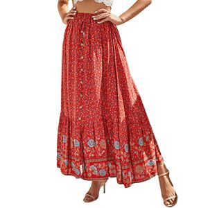 SotRong Womens Floral Print Boho Midi Skirt Elastic High Waist Tiered Bohemian Gypsy Skirts Ruffle Flowy Long Pleated Summer Skirts for Beach Holiday Red L