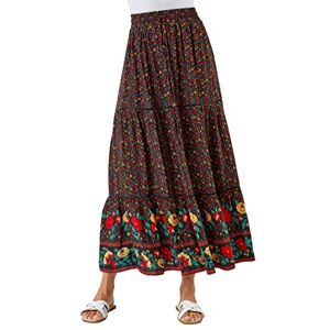 Roman Originals Gypsy Maxi Skirt for Women UK Ladies Tiered Bohemian Long Ankle Length Cotton Elasticated Waistband High Waist Monochrome Lounge Lightweight Holiday - Red Black - Size 14