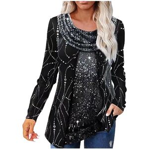 Tops Shirts for Women UK Casual Crewneck Long Sleeve Top Ladies Fake Two-Pieces Button Blouses Stylish Sequin Pullover T Shirt Loose Tunic T-Shirts Blouse Black