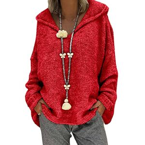 Morydal Jumpers for Women Knitted Sweaters Long Sleeve Hooded Tops Solid Color Pullover Cozy Hoodie Jumper Ladies Winter Warm Red L