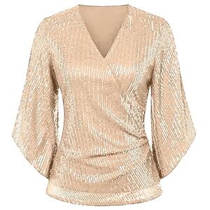 PRiME Generic Summer Tops 2024 Womens Sequin Tops 3/4 Sleeve Glitter Sparkly Party Blouse V Neck Dressy Tops for Evening Party Workout Tops for Women Loose Fit (Rose Gold, S) Ladies v Neck Tops 10