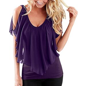 KaloryWee Women's Summer Cold Shoulder V-Neck Ruffles Chiffon Front and Back Top Blouses Purple