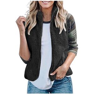 Cheap! Big Promotion! Clearance Teddy Fleece Gilet Women Plus Size Furry Coats Sleeveless Zip Up Jacket Fuzzy Fleece Waistcoat Ladies Lightweight Bodywarmer Solid Stand Collar Waistcoat Fluffy Warm Vest Coats Jacket Black L