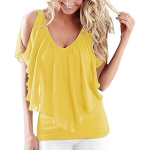 KaloryWee Women's Summer Cold Shoulder V-Neck Ruffles Chiffon Front and Back Top Blouses Yellow