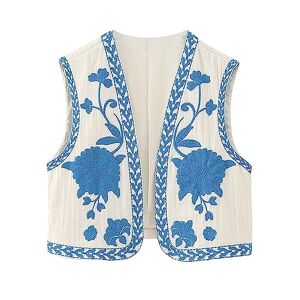YILEEGOO Women Vintage Boho Floral Embroidered Gilets Sleeveless Crop Cardigan Tops Open Front Vest Outwear Jackets (Blue, S)