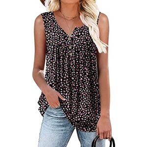 Aodemo Women's Summer Casual Henley V Neck Tunic Ladies Button Up Tops Flowy Sleeveless Shirts Loose Blouse L, Flower Black