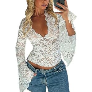 Smimgo Women Sheer Lace Crop Top Y2k Vintage Basic Long Sleeve V Neck T Shirt Fairy Tops Summer Aesthetic Clothes Streetwear (Color : White, Size : M)