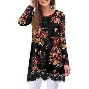 Bestbee Womens Fall Long Sleeve Tops Lace Hem Tunic Crew Neck Loose Fit Blouse Shirts for Leggings Ladies Y2K Casual T-Shirts, L, Brown Floral Black