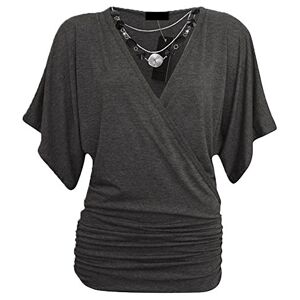 Candid Styles Womens Ladies Wrap Over Crossover V Neck Necklace Loose Tunic Batwing Top 8-22, XL 16-18 Plus Size, Charcoal