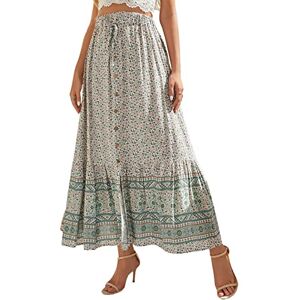 SotRong Women’s Summer Boho Skirts Elastic Waist Pleated A-Line Flowy Midi Gypsy Skirts Long Swing Tiered Beach Skirt Dress Green XL