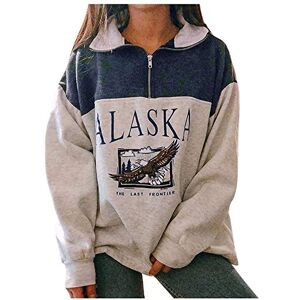 Summer Oversized Sweatshirts for Women Alaska Print 1/4 Zip Neck Pullover Ladies Loose Fit Color Block Sweatshirt, XS Blue