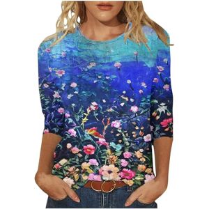 Generic Floral Print Tops for Women UK Summer Crewneck 3/4 Sleeve T Shirts Ladies Casual Baggy Blouse Dressy Elegant Tunics Blue