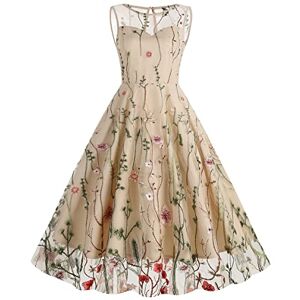 Cocktail Dresses for Women UK Summer Elegant 50s Vintage 1950s 1940s Sleeveless Embroidered Swing Midi Dress Ladies Wedding Guest Christmas Formal Evening Special Occasions Party Ball Gown Apricot L