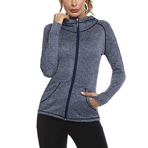 Sykooria Woman Plain Zip Up Hoodie Top Ladies Long Sleeve Sport Workout Runing Track Jackets Sweatshirt Coat Hoody Jacket with Pockets and Thumb Holes Navy Blue