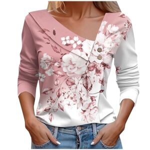 CreoQIJI Glitter Blouses Women's Casual Long Sleeve Printed Top T-Shirt Spring/Summer V-Neck Rave Outfit, pink, XXL