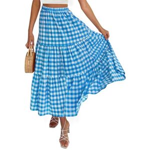 Nokiwiqis Women Summer Boho Maxi Skirt Plaid Elastic High Waist Pleated A-Line Long Skirt Elegant Ruffle Flowy Swing Beach Skirts (Blue, S)