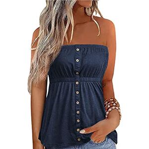 SANSIWU Women Summer Pleated Tube Top Solid Color Buttons Louse Sleeveless Strapless Boat-Neck Wrap Chest Tank Tops Fashion Tunic Tanks (A-Blue, XL)