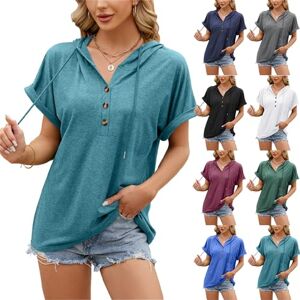 Summer Womens High Quality Tops Sale Clearance Women Button Down V Neck Hoodie Blouse Short Sleeve Drawstring Tunic Top Shirt Womens Casual Solid Color Loose Office Hooded Tee Shirts Blue UK Size XXL