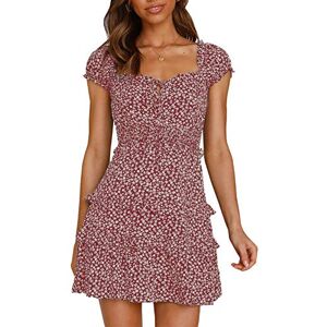 YBENLOVER Women Summer Dress Floral Print Mini Dress High Waist Short Dress Vintage Beach Dress (XXL, Brick Red)