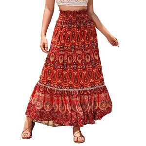 SotRong Boho Maxi Skirt for Women Summer Holiday Gypsy Skirts Floral Bohemia Skirt High Waisted Hippie Skirt Red S