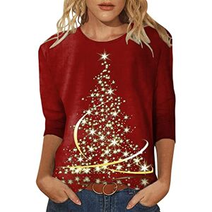 Dantazz Womens Daily Christmas Tree Print Crew Neck T Shirt O Neck Tops Three Quarter Sleeve Round Neck Tee Shirt Printed Flower Loose Side Split Blouse Tunic Mesh Long Sleeve Top (b-Wine, L)