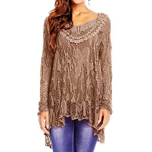 Italy MissHera Women's Italian 2 piece Ladies Long Sleeve Lace Crochet Mesh Tunic Lagenlook Italian Top Blouse UK Plus Size (as8, numeric, numeric_12, numeric_14, regular, regular, Mocha, 12-14)