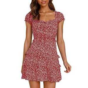 YBENLOVER Women Summer Dress Floral Print Mini Dress High Waist Short Dress Vintage Beach Dress (XXL, Wine Red)